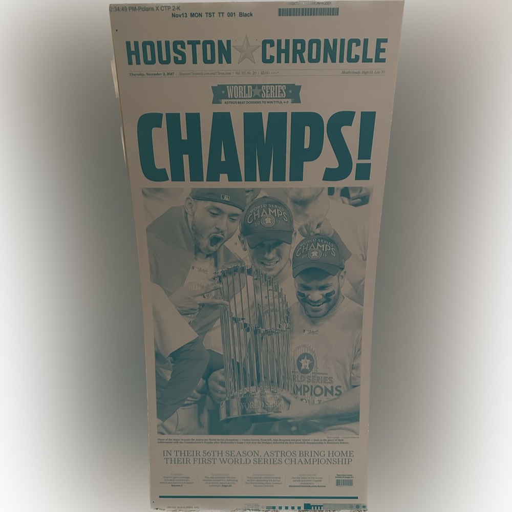 Houston Chronicle Metal Print Plate Front PG MLB 2017 ASTROS WORLD SERIES CHAMP